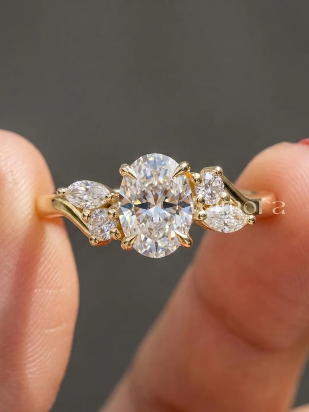 Gold Oval Cut Diamond Ring, Three Stone Engagement, Bridal Jewelry