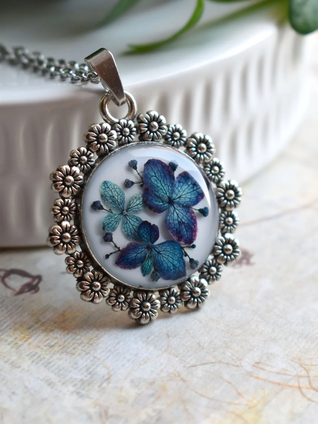 Pressed hydrangea Necklace. Real flower necklace. Botanical flower necklace.