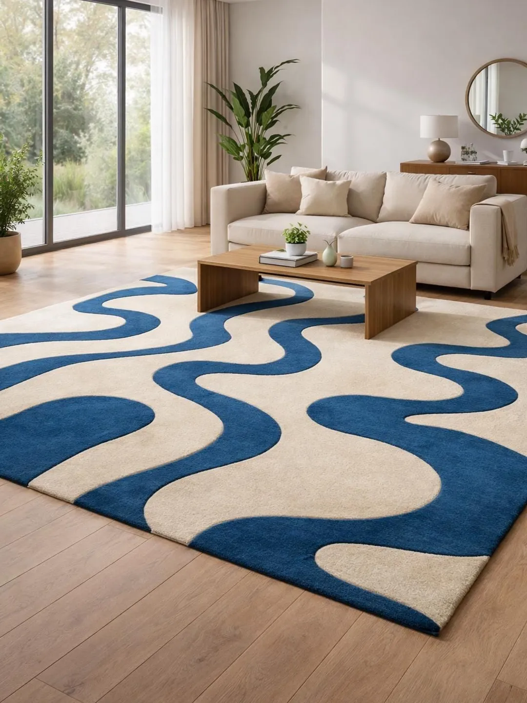 Hand Tufted Wool Rug, Modern Wavy Abstract Area Rug, Blue Beige Organic ...