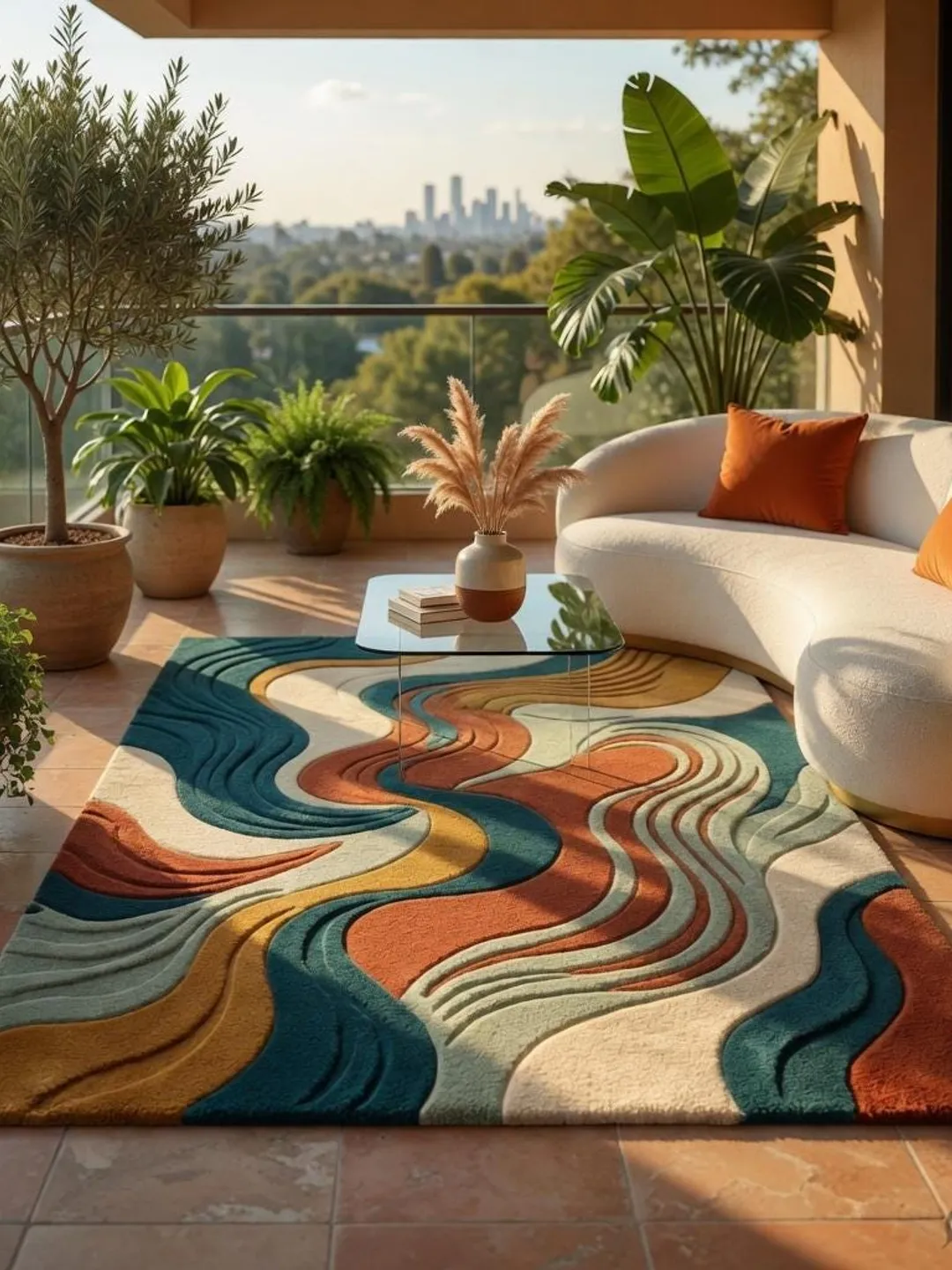 Earthy Rug Patterns Abstract Wavy Area Rug in Earthy Terracotta, Mustard, Sage and Blue ...