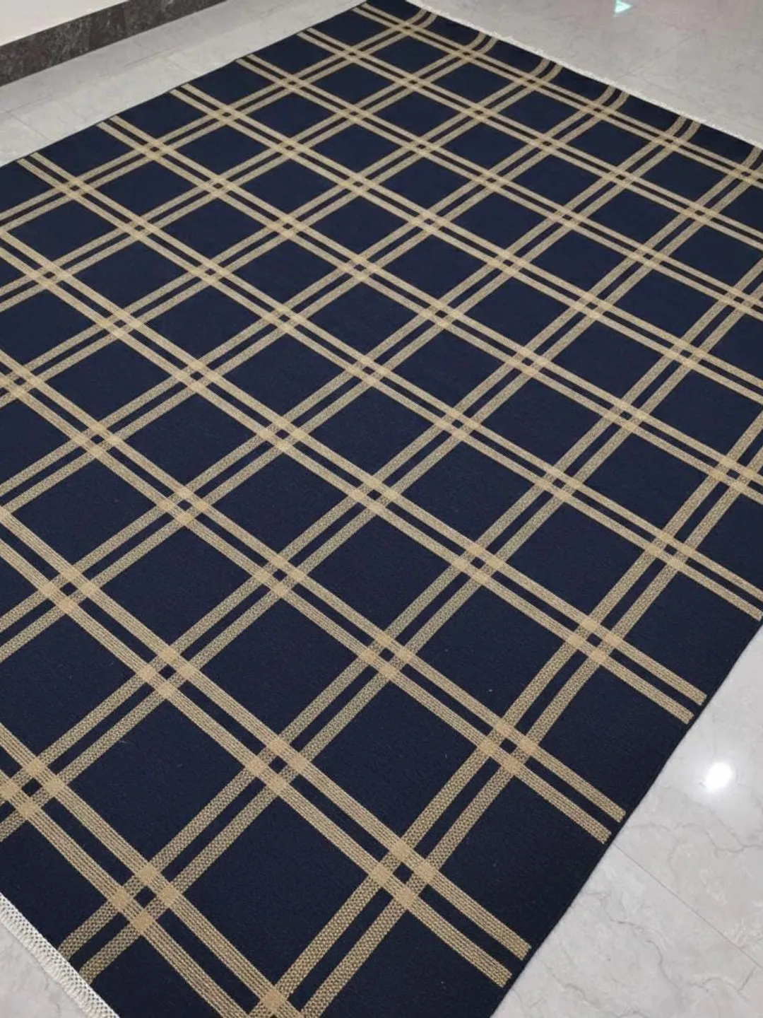 Neurtral Checkerd Rug Hand Knotted Checkered Blue Ivory Flat Weave Wool Area Rug
