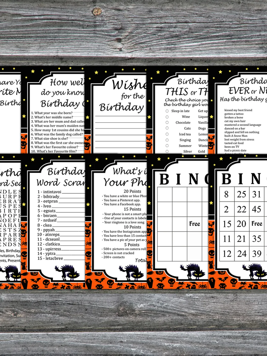 Halloween Birthday Party Games bundle,Adult birthday games package,Printable Birthday Games,INSTANT DOWNLOAD