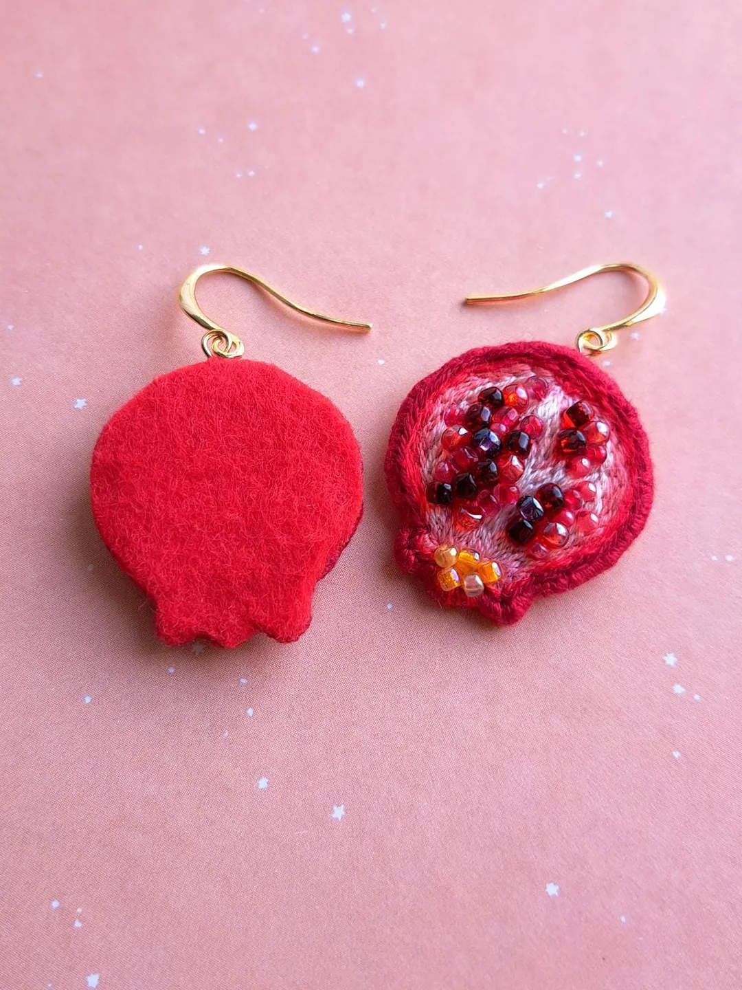 Pomegranate Earrings Handcrafted Jewelry Hand-Embroidered Unique Quirky Accessory Fruit Dangles Accessories Gift for Her