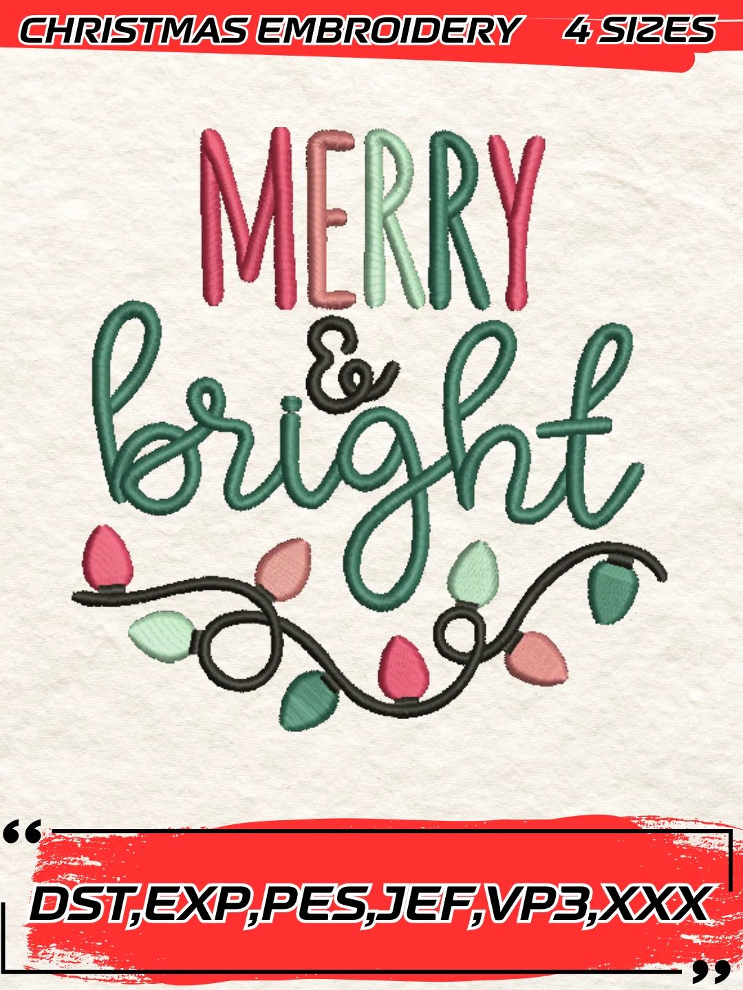 Merry and Bright Christmas Embroidery Design,Christmas Embroidery Design,4 Sizes, Digital Download