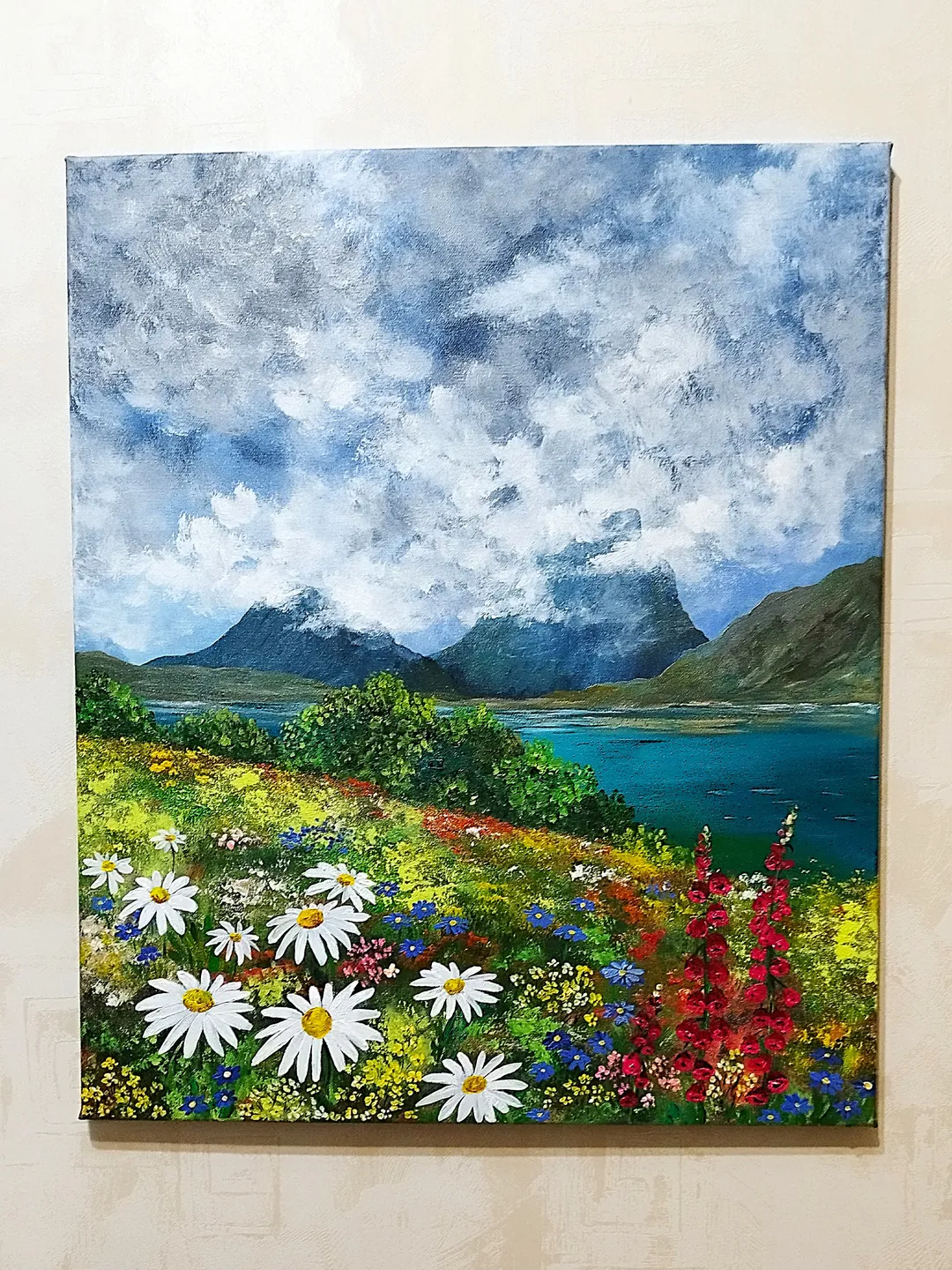 Mountain Landscape Painting Wildflowers Wall Decor Art Impasto