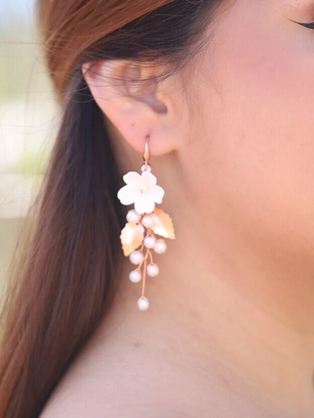 Boho Wedding Earrings, Rose Gold Flowers Wedding Earrings, Leaf Chandelier Bridal Earrings, Floral Jewelry, Pearl Statement Wedding Jewelry