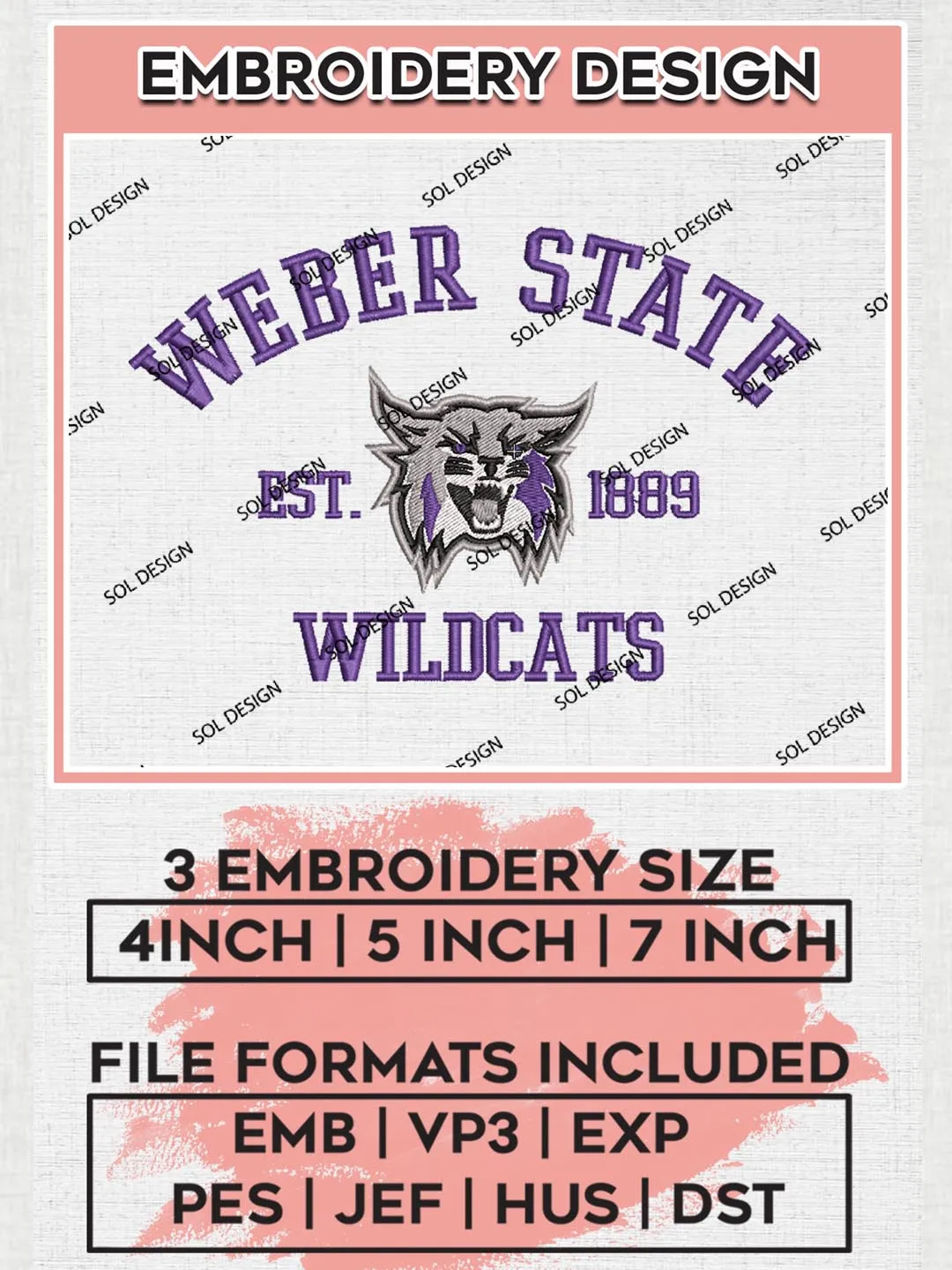 Weber State Wildcats Est 1889 Logo Embroidery Designs, NCAA Weber State Wildcats Team Embroidery, NCAA Team Logo, 3 sizes, Machine embroidery Files, Digital Download