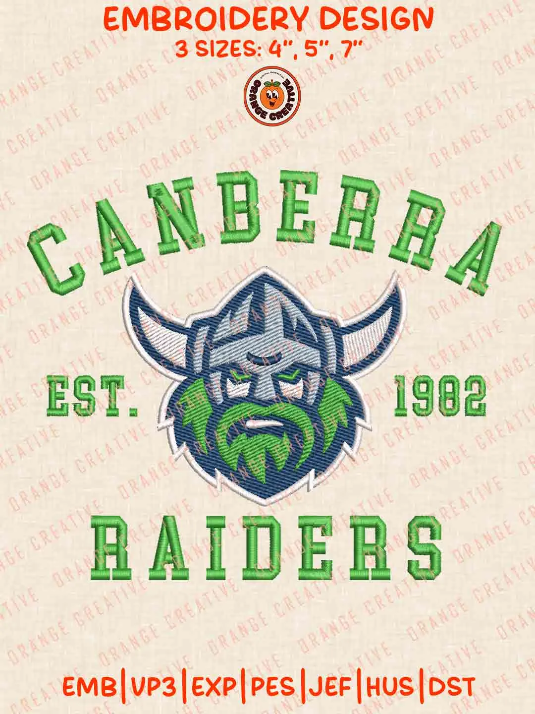 Canberra Raiders Est 1982 Logos Embroidery Design, NRL Rugby Team Machine Embroidery Digitized Pes File, 4 Sizes, Custom Size, Instant Download