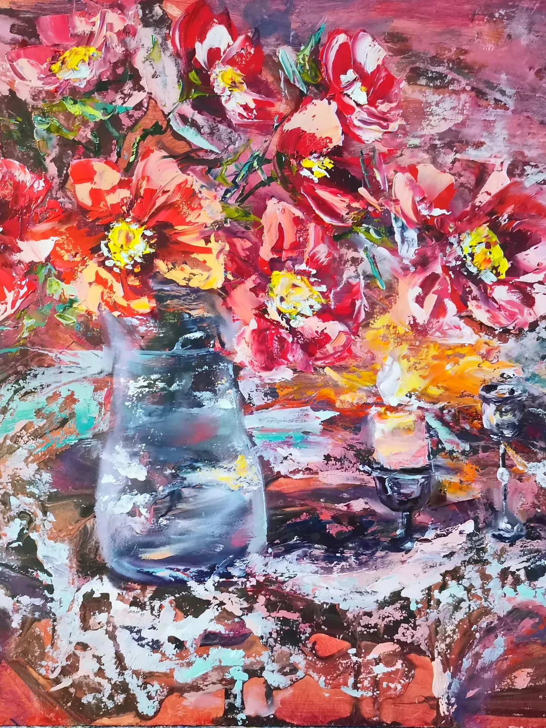 Lighted Candle Flower Bouquet Glass Vase Wine Oil Painting Impasto Original Artist Svinar Oksana