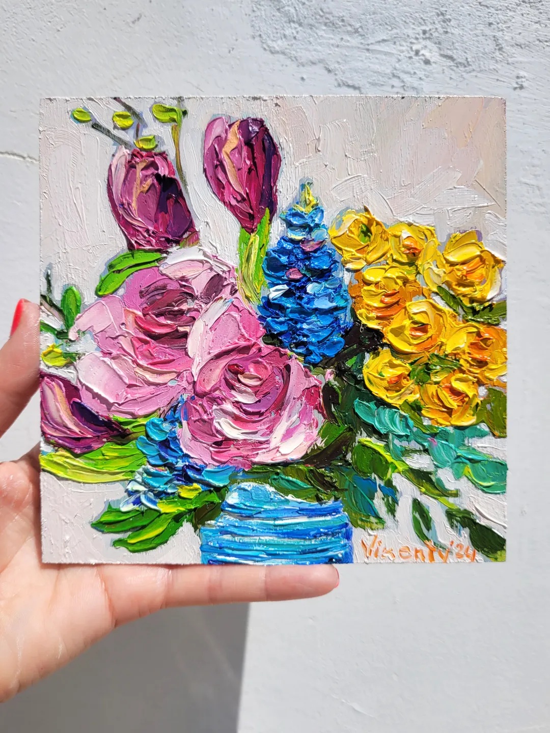Bluebonnet Painting Rose Oil Painting Original Art Impasto Oil Painting 6x6 Tulip Painting Ranunculus Painting Flower Painting by ArtFromVictoria