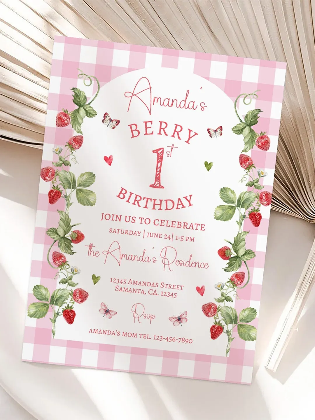 EDITABLE Pink Gingham Berry First Birthday Invitation, Berry First Birthday Digital Invitation Birthday, Strawberry First Birthday Invite