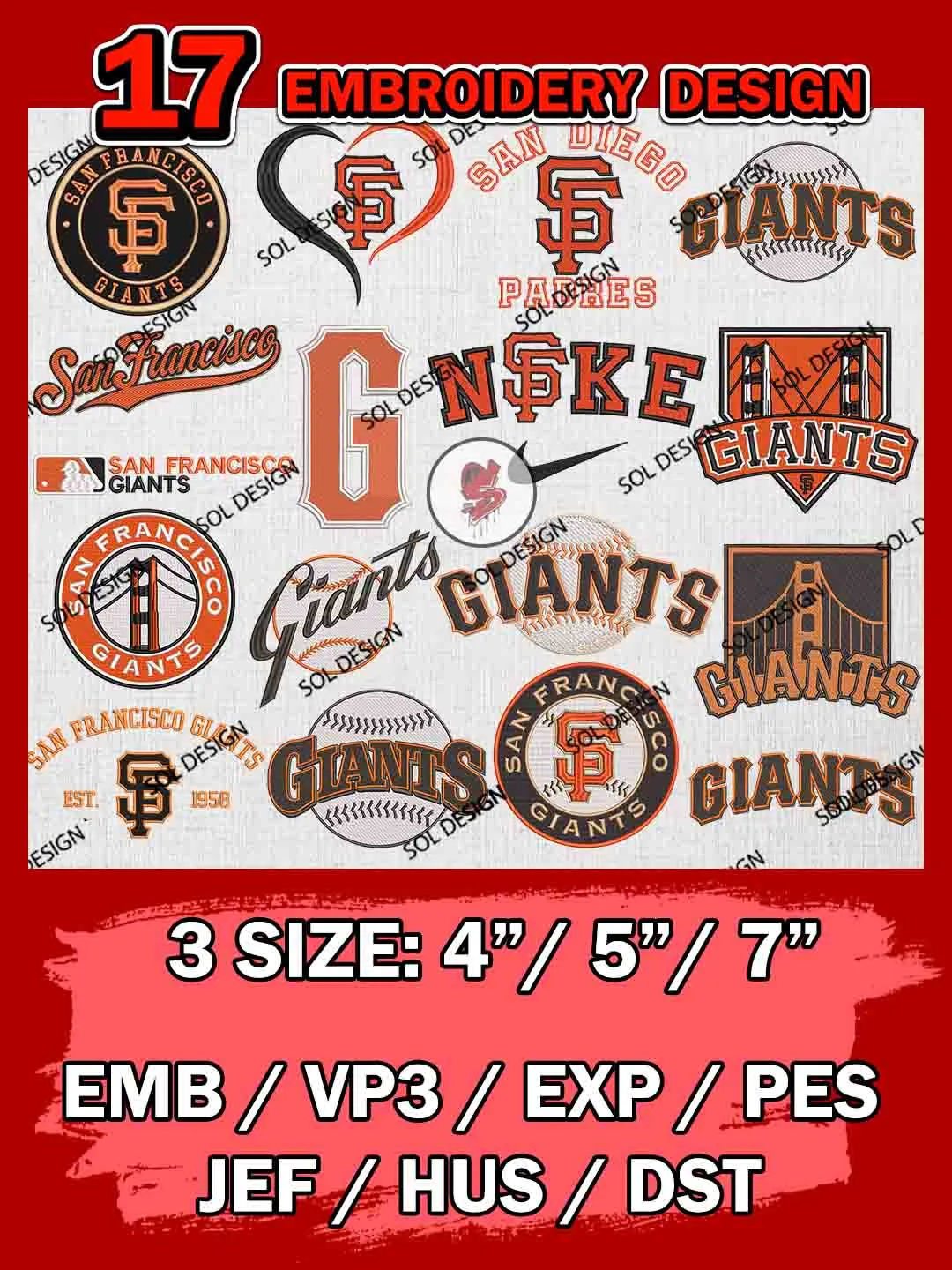 17 San Francisco Giants Bundle Embroidery Files, MLB San Francisco Giants Team Bundle Embroidery Designs, MLB Teams, League Baseball Team, 3 sizes, MLB Giants Machine Embroidery, Digital Download