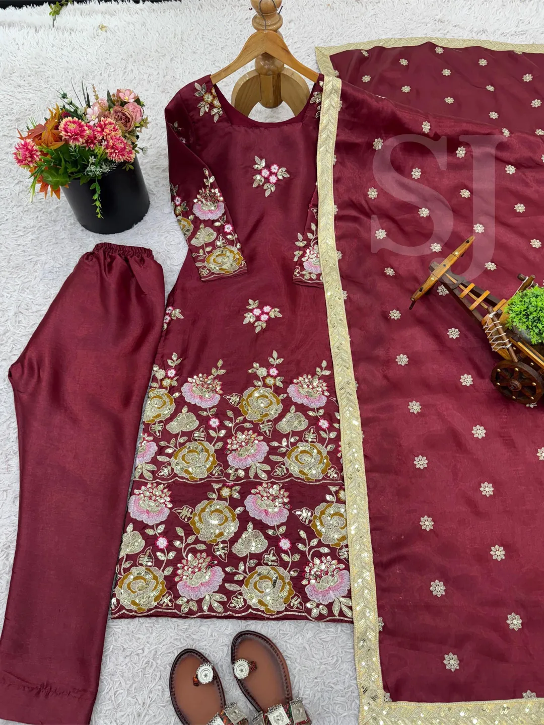 Pure Silk Kurta With Pant & Dupatta Set, Pakistani Ready to Wear Salwar Kameez Set, Women's Ethnic Suit, Pakistani Suit Indian Partywear Set