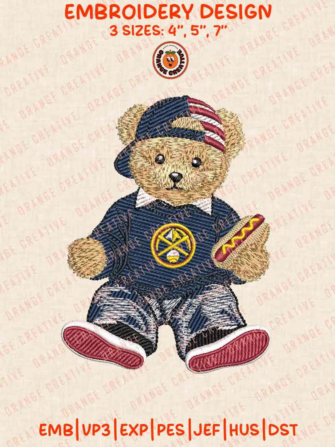 Denver Nuggets NBA Team x Cute Teddy Bear Hot Dog Embroidery Files, Vintage Teddy Bear Sport Embroidery Designs, NBA Nuggets Embroidery, Basketball League, Digital Download