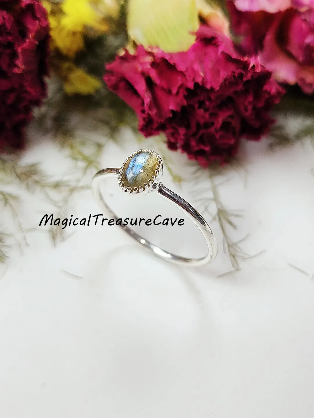 Labradorite Stacking Ring, Natural Blue Flash Labradorite Silver Ring ...