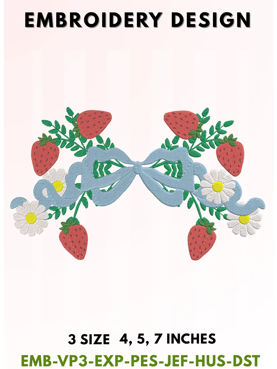 Strawberry Bow Embroidery, Blue Ribbon & Daisy Floral Design, Cottagecore Berry Typography, Summer Garden Coquette Aesthetic, 3 Sizes