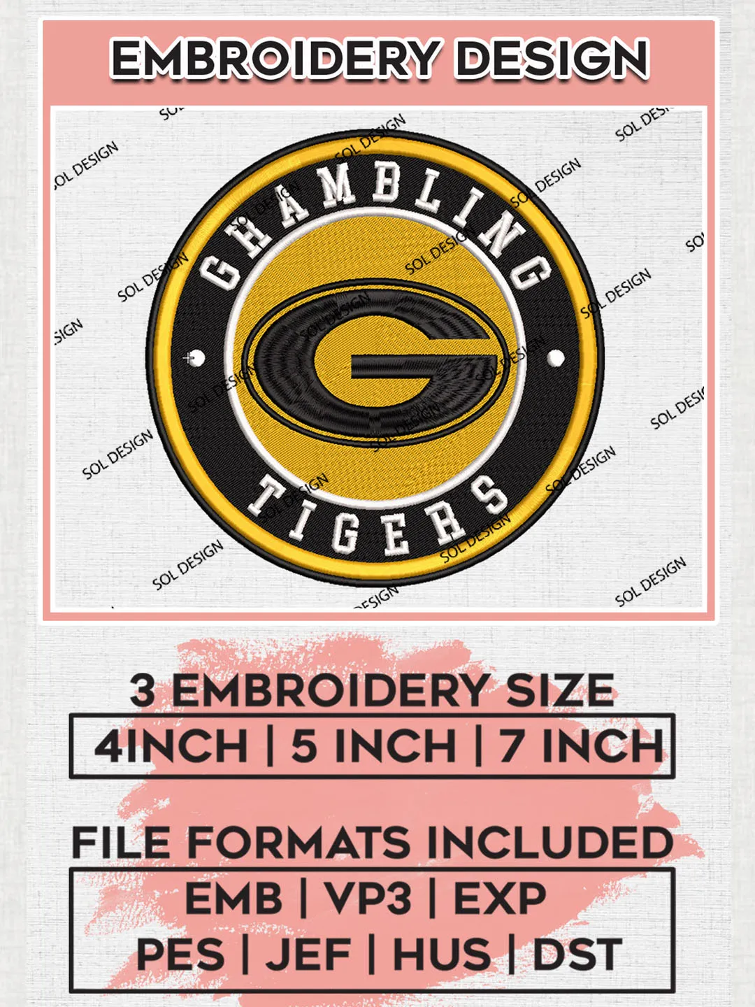 NCAA Grambling Tigers Round Logo Embroidery, NCAA Grambling Tigers Logo Embroidery files, NCAA Teams, Machine embroidery designs, Digital Download