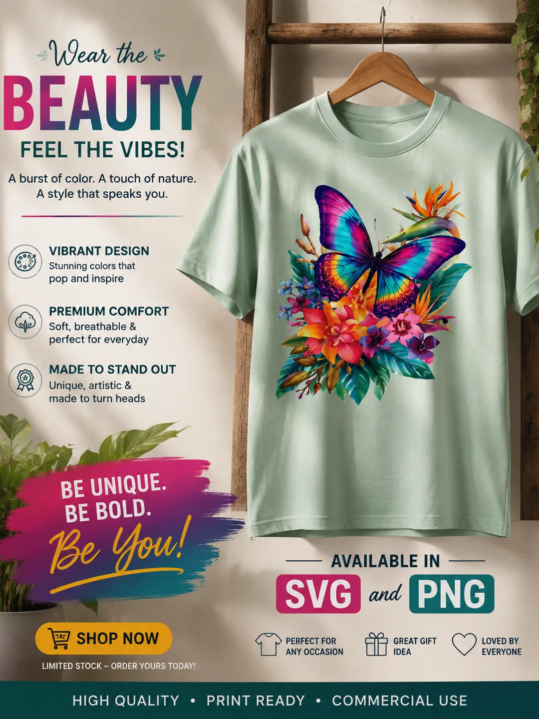 Tropical Butterfly Floral T-Shirt Design.