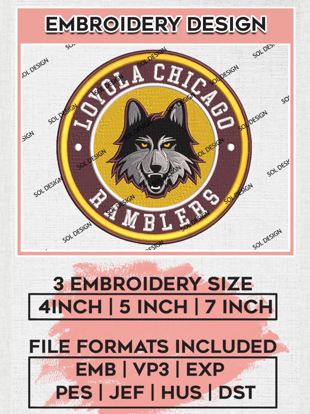 NCAA Loyola Chicago Ramblers Round Logo Embroidery, NCAA Loyola Chicago Ramblers Logo Embroidery files, NCAA embroidery designs, Machine embroidery designs, Digital Download