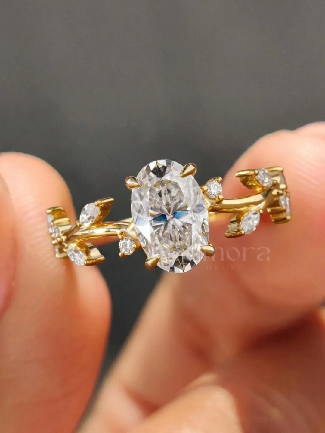 Oval Diamond Engagement Ring, Leaf Vine Gold Band, Nature Inspired Bridal Jewelry