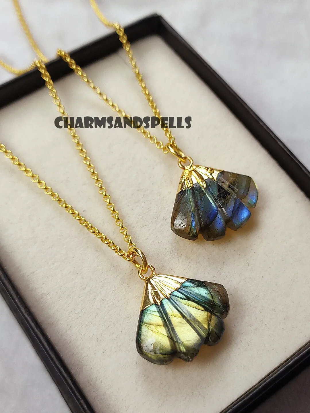 Carved Labradorite Shell Necklace, Fire Crystal Natural Gemstone Pendant Jewelry, Gift for Her