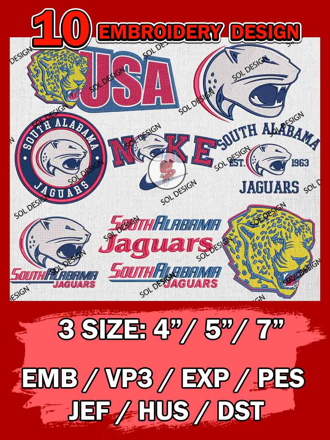 10 NCAA South Alabama Jaguars Bundle Embroidery Files, NCAA South Alabama Jaguars Team Bundle Embroidery Designs, NCAA Teams, National College Football Team 3 sizes, NCAA South Alabama Machine Embroidery, Digital Download