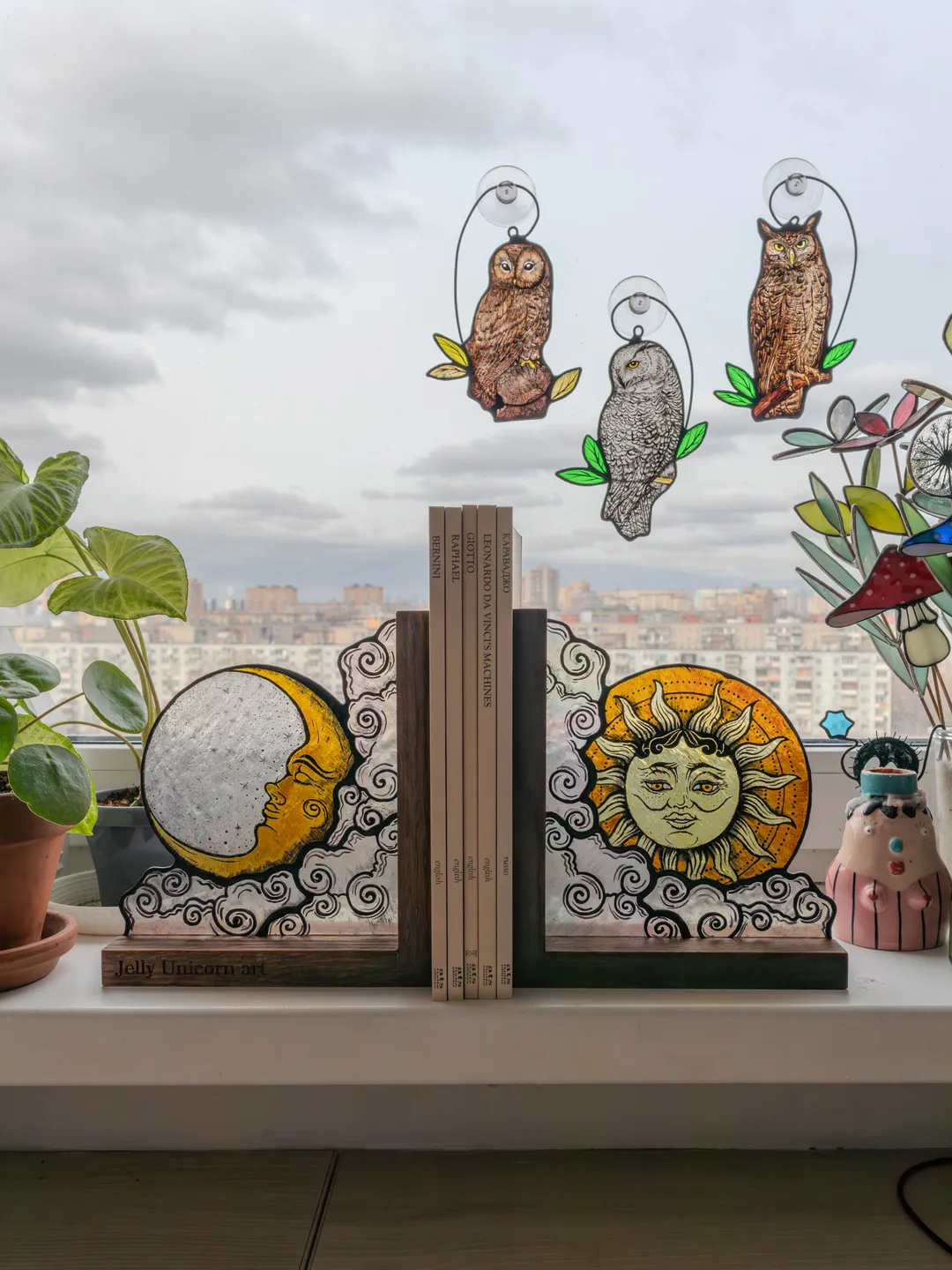 Stained glass bookends with moon and sun, Celestial home decor, Moon Tarot Art