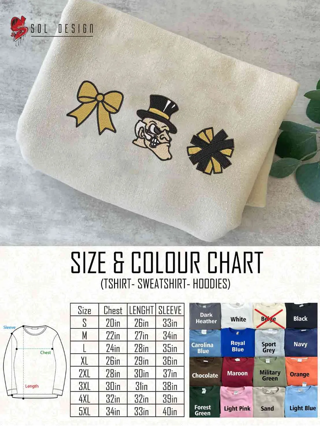Wake Forest Demon Deacon Cheer Poms Bow Embroidered Sweatshirt, Football Embroidered Sweatshirt, Sport Game Day Cheerleader Shirt, Embroidered Hoodie, Unisex Crewneck, College Football Team Fan Gift Tee