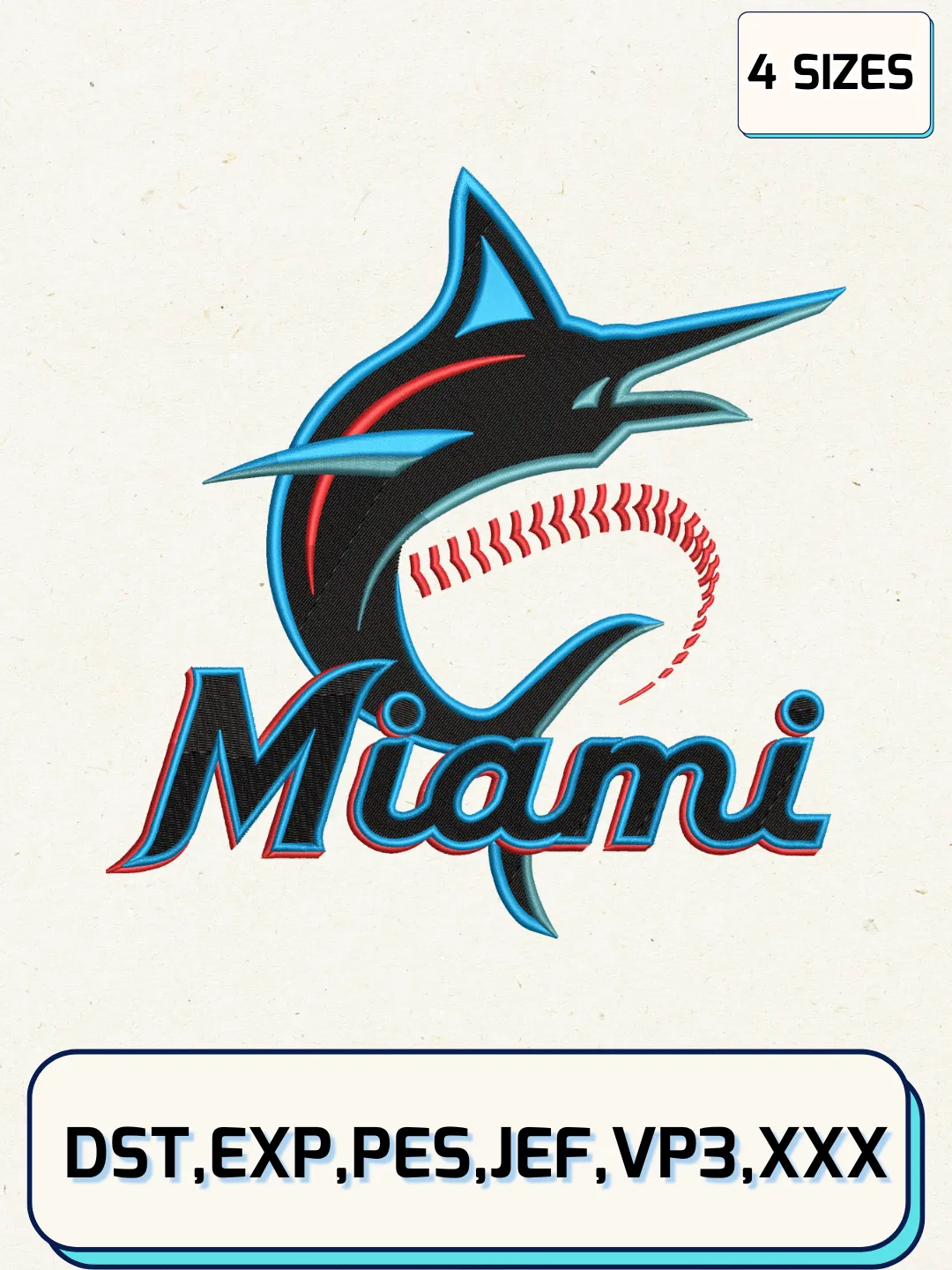 Miami Marlins Logos Embroidery Design Files, MLB Logos Embroidery Designs, Machine Embroidery Files, 4 Sizes