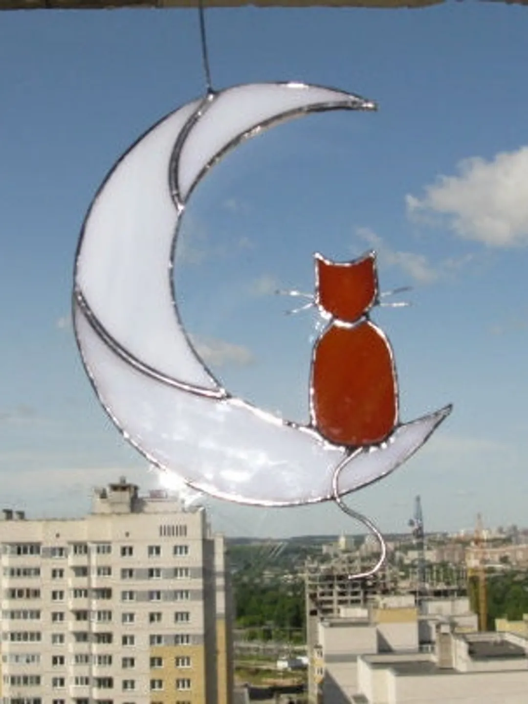 Ginger Cat On The Moon stained glass window hanging Suncatcher . Gift ...