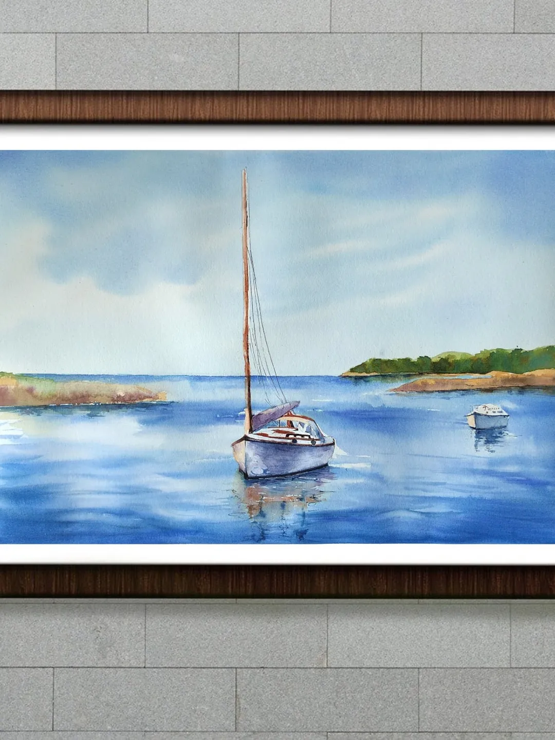 Original Watercolor Painting Water Landscape Art Boat on the Lake