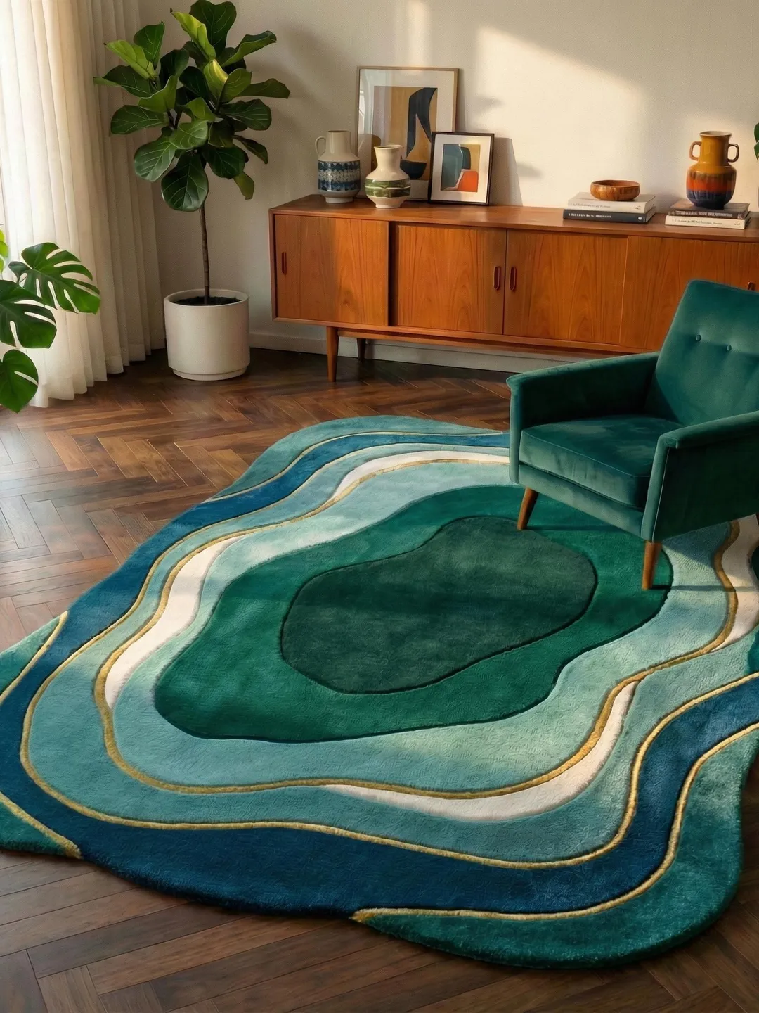 Wavy Long Rug Retro Irregular Abstract Green Wavy Hand Tufted Statement Rug
