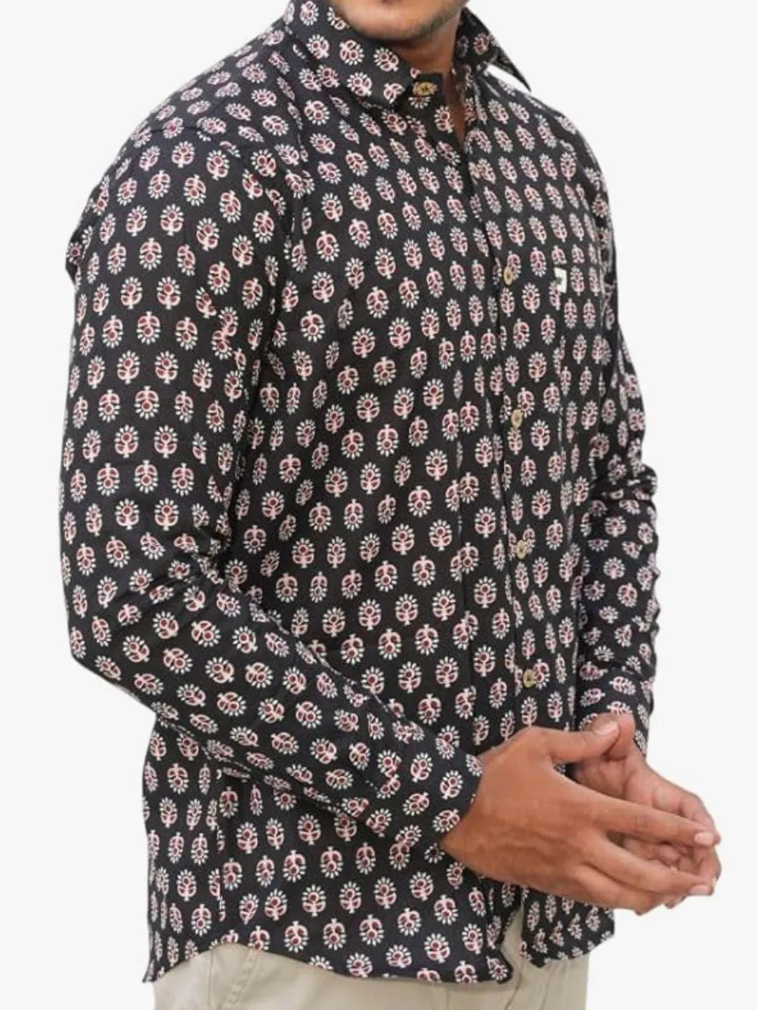 Men Black Hand Block Print Cotton Shirt | Indian Handmade Ethnic Casual Shirt