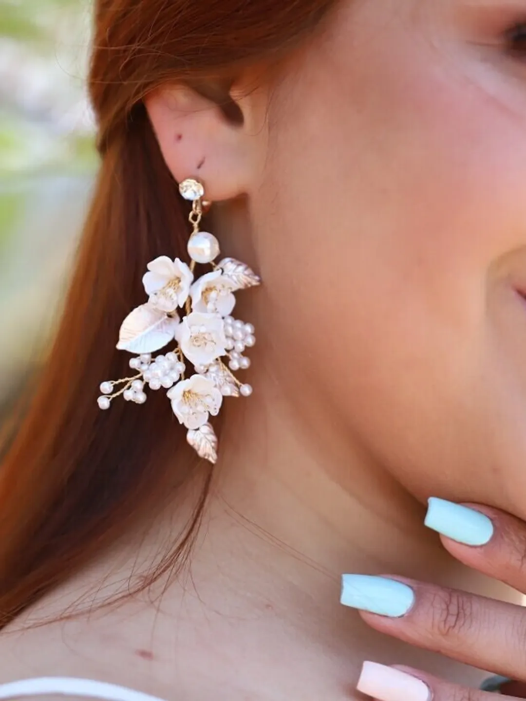 Porcelain Flowers Boho Wedding Earrings, Vintage Leaf Bridal Jewelry Set, Beads Pearl Bridal Earrings, Floral Statement Wedding Jewelry Set