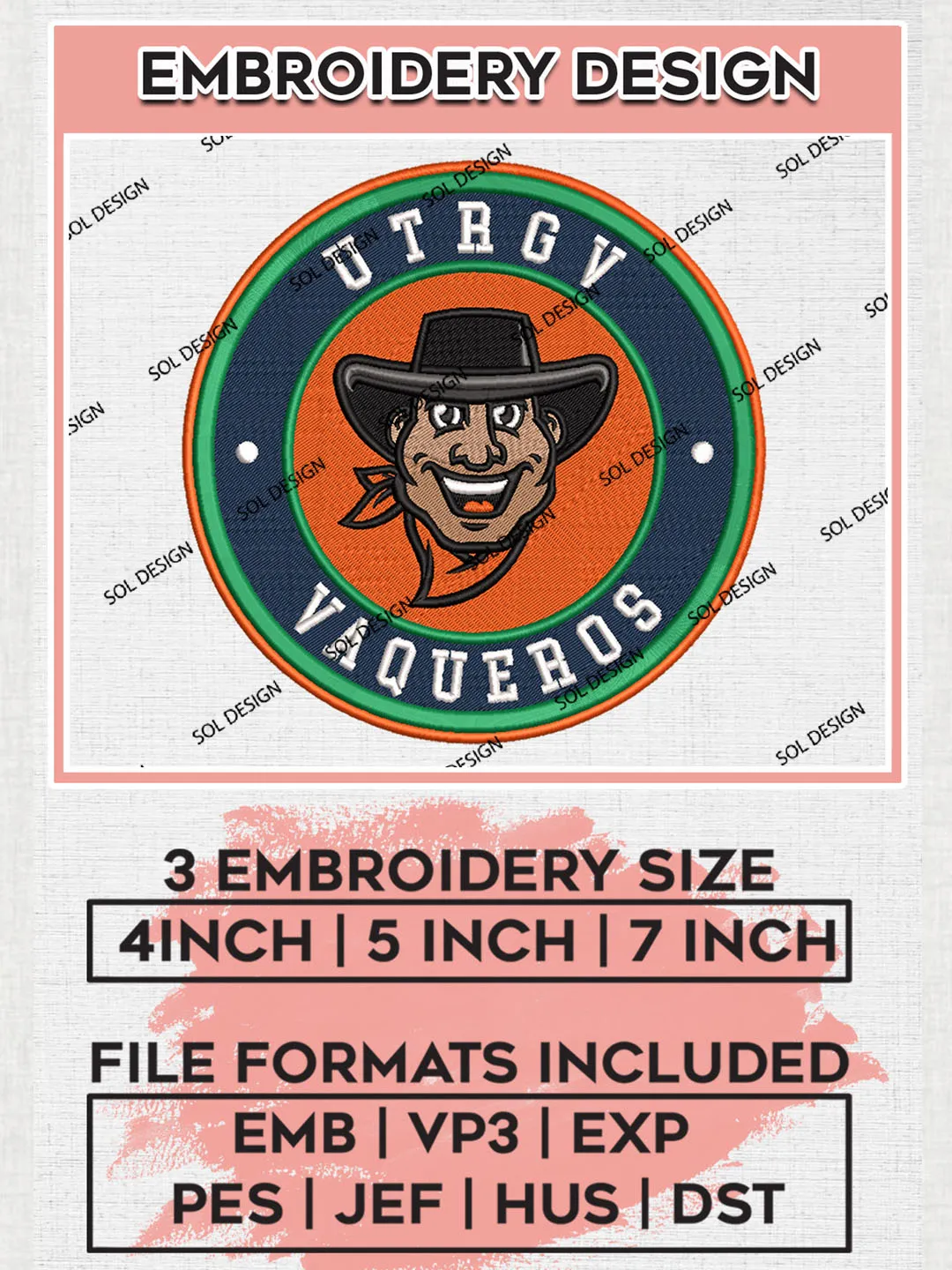 NCAA UT Rio Grande Valley Vaqueros Round Logo Embroidery, NCAA UT Rio Grande Valley Vaqueros Embroidery Design files, NCAA Teams, NCAA Machine embroidery designs, Digital Download