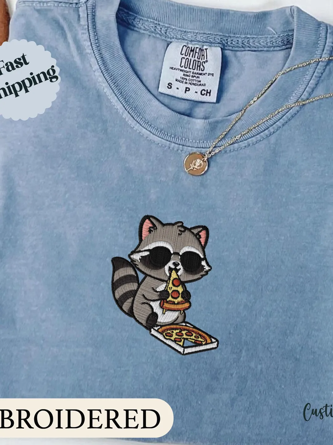 Funny Raccoon Eating Pizza Shirt, Comfort Colors Embroidered Shirt, Animal Meme Graphic Tee, Gift for Men and Women, Embroidered Sweatshirt.