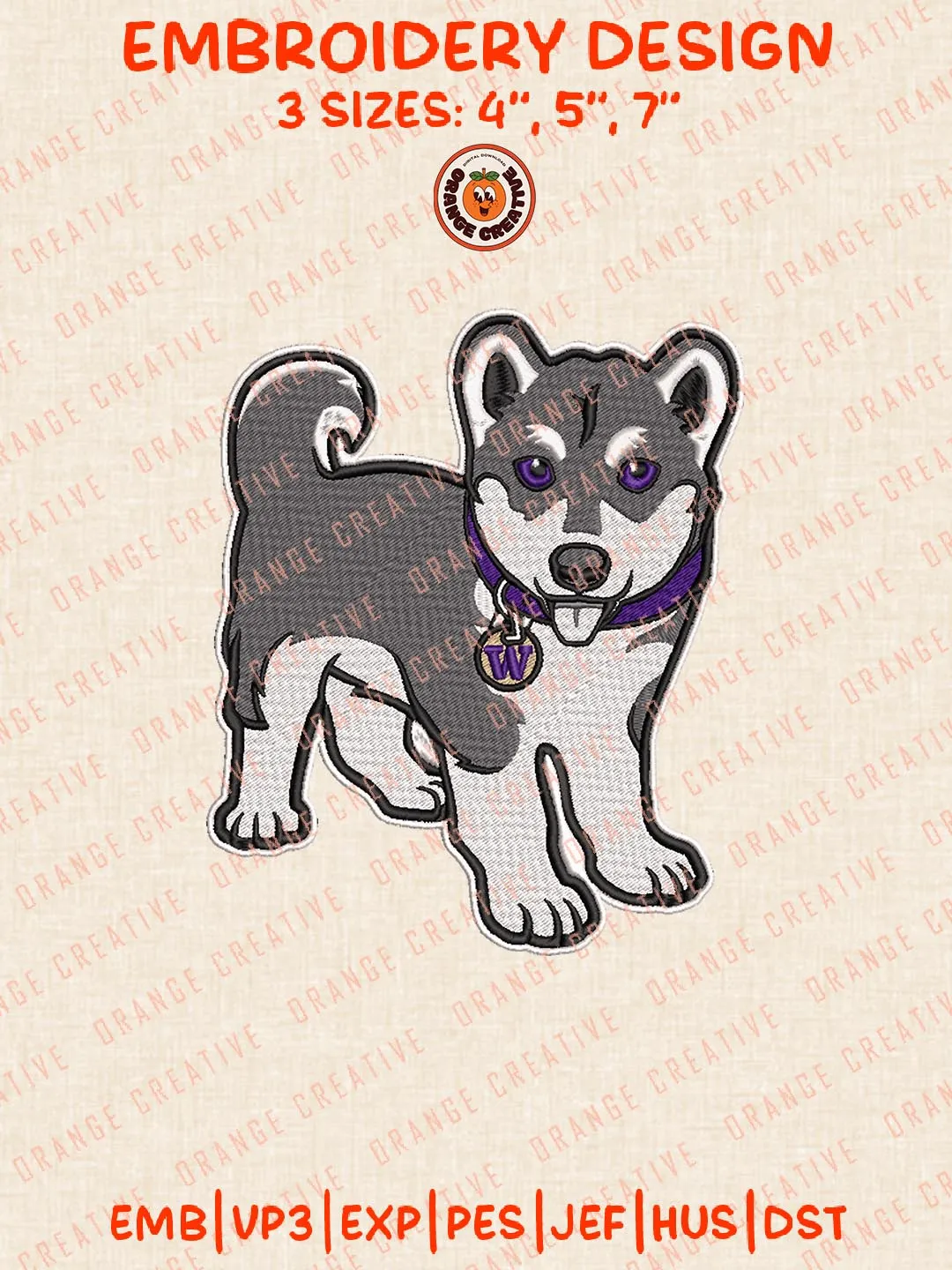 Washington Huskies Mascot Logo Embroidery Design Files, NCAA Logos Embroidery Designs, NCAA Machine Embroidery Files, 3 Sizes, Custom Sizes, Instant Download