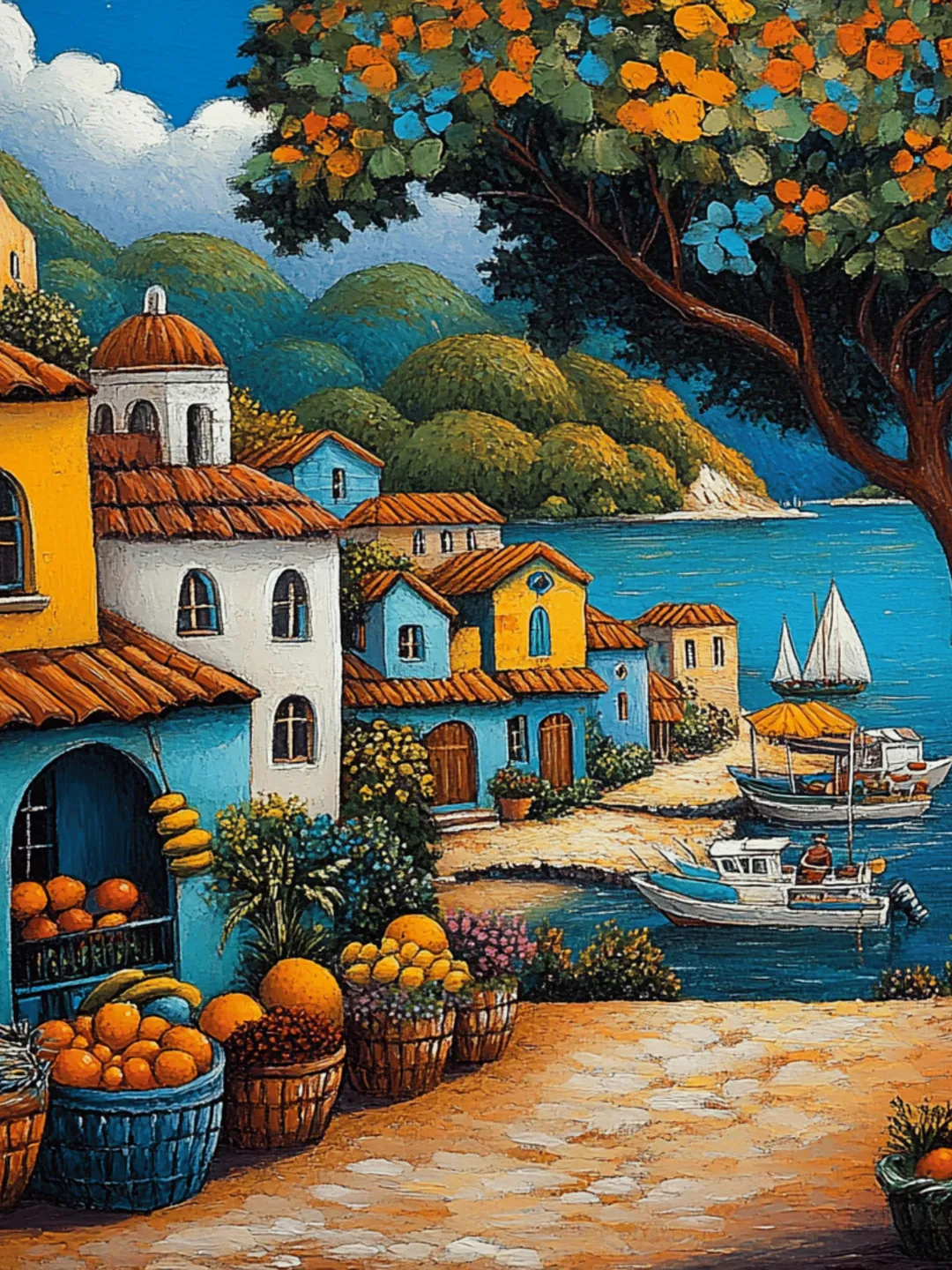 12 Mediterranean coastal village poster, colorful seaside town art ...
