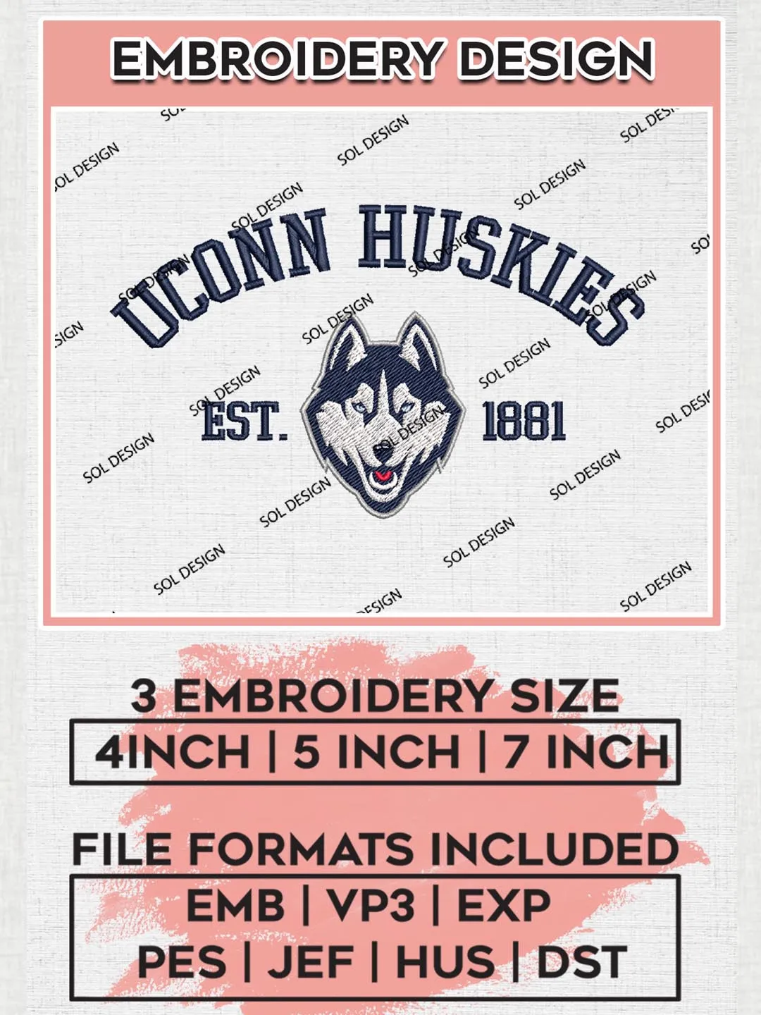 UConn Huskies Est 1881 Logo Embroidery Designs, NCAA UConn Huskies Team Embroidery, NCAA Team Logo, 3 sizes, Machine embroidery Files, Digital Download