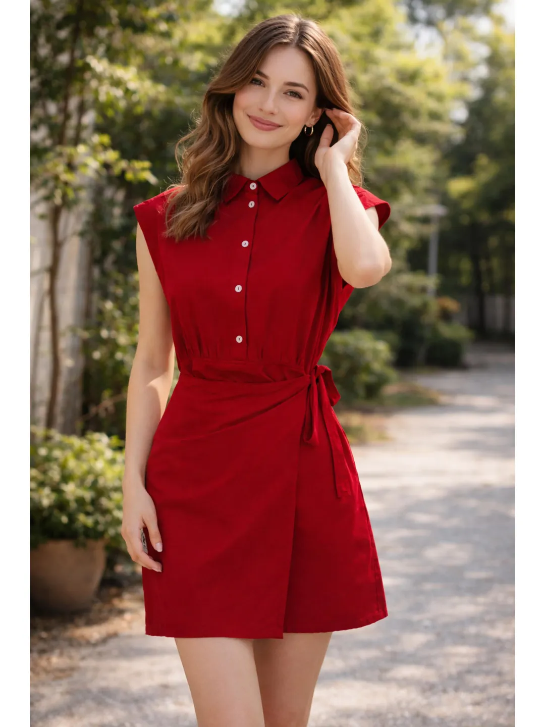 Red Linen Wrap Dress for Women, Button Shirt Mini Dress, Summer Casual Tie Waist Day Dress Red Linen Wrap Dress for Women, Button Shirt Mini Dress, Summer Casual Tie Waist Day Dress