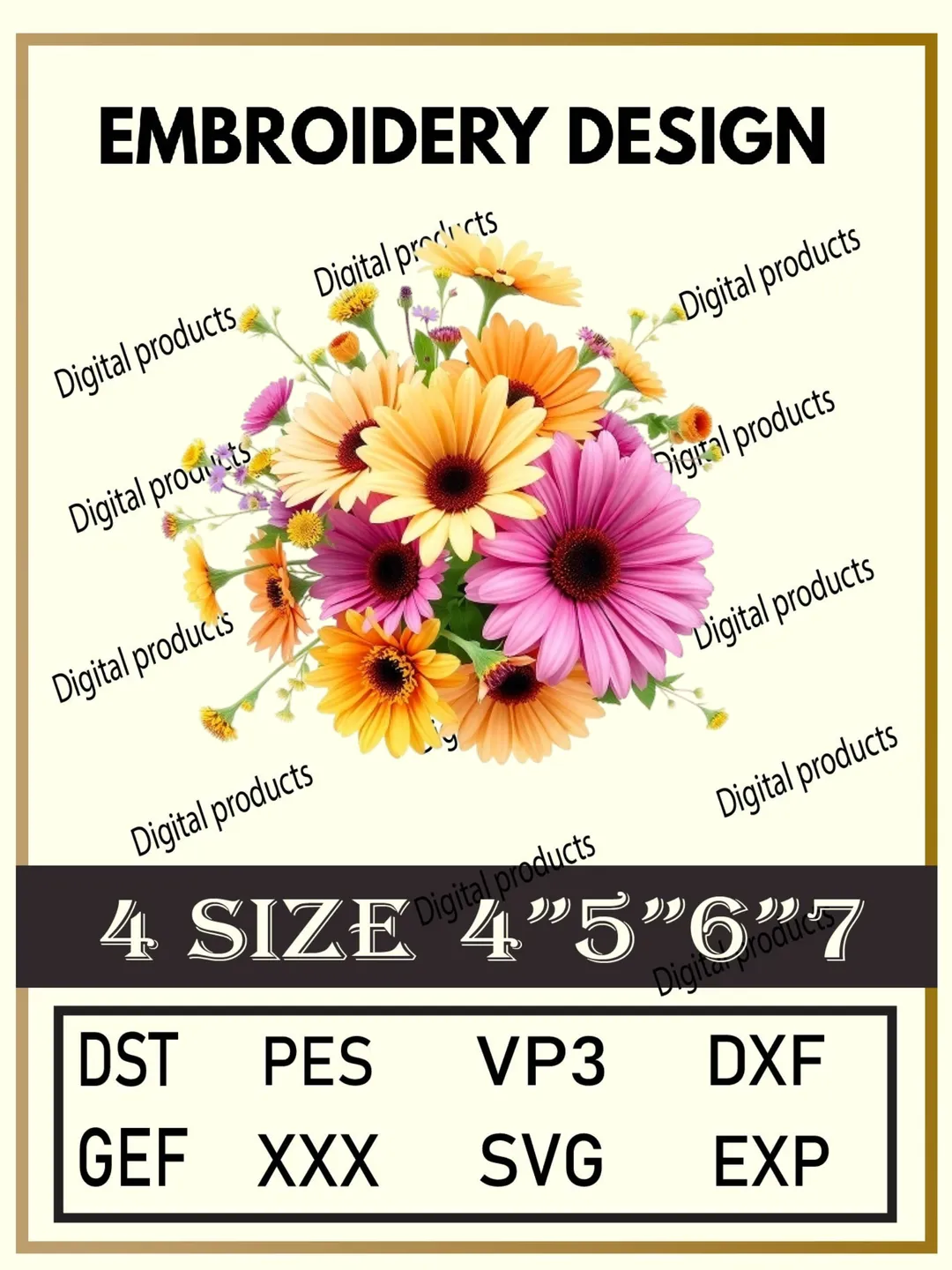 Colorful Bouquet Embroidery Design Digital Pattern with Daisies and Mixed Blossoms for Machine Embroidery Projects in Four Sizes with Multiple Compatible Formats Including DST, PES, VP3, DXF, GEF, XXX, SVG, EXP Download