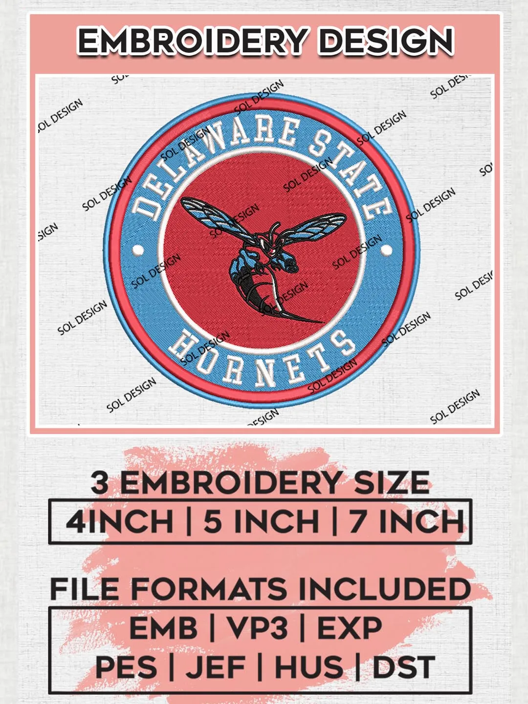 NCAA Delaware State Hornets Round Logo Embroidery, NCAA Delaware State Hornets Team Logo Embroidery files, NCAA Teams, Machine embroidery designs, Digital Download