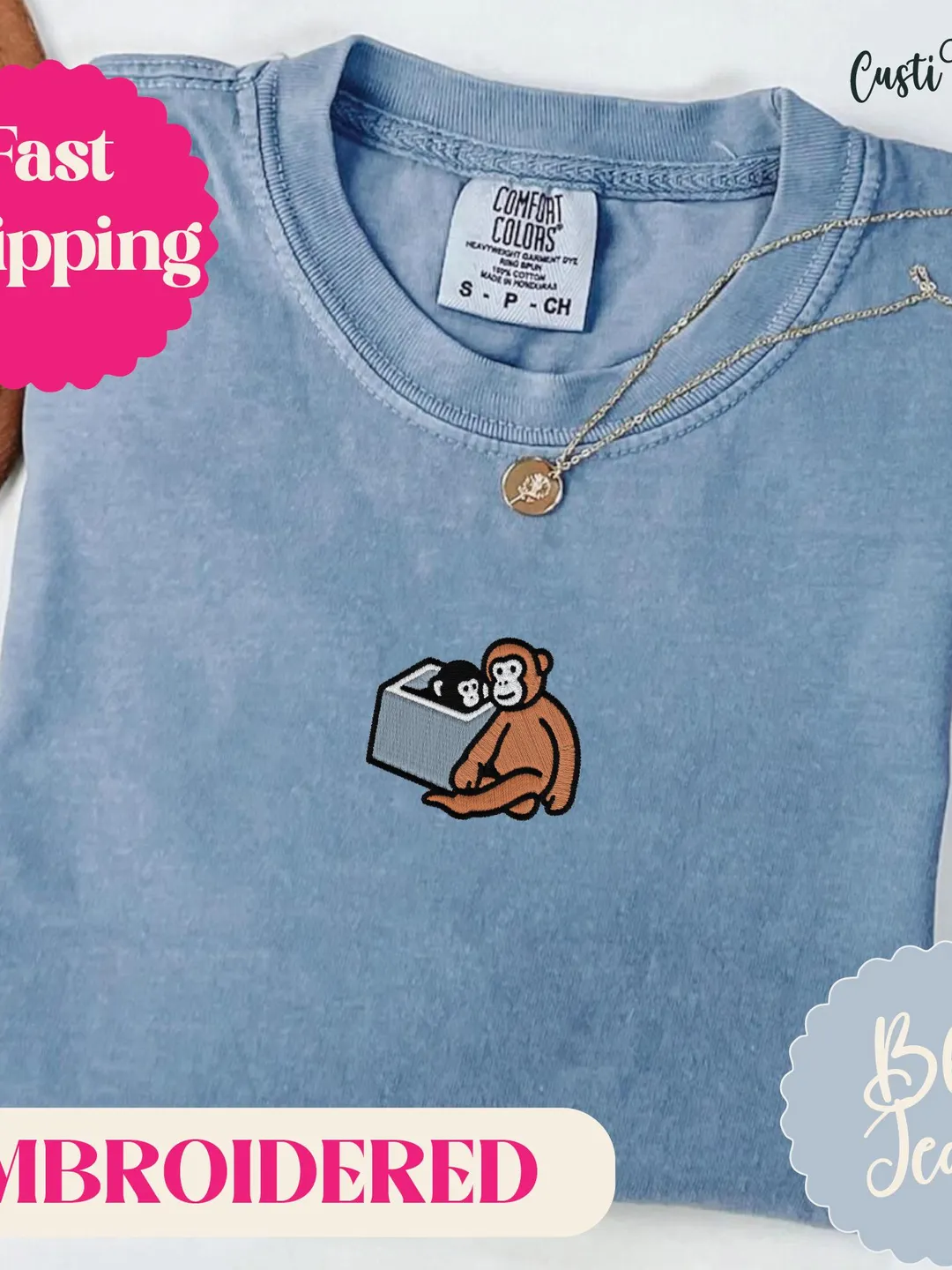 Baby Monkey Punch Shirt Embroidered. Cute Monkey Gift. Comfort Colors Shirt. Funny Animal Shirt. Cute Embroidery Top