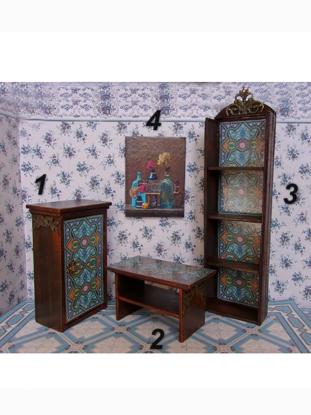 Dollhouse furniture set.1:12 scale. Furniture for a doll's living room. Handmade. Miniature dollhouse. Designer furniture. Shelf, nightstand, coffee table