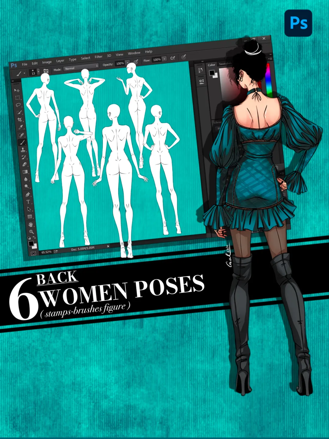 Photoshop brush, Body poses of female figure, set "Back"