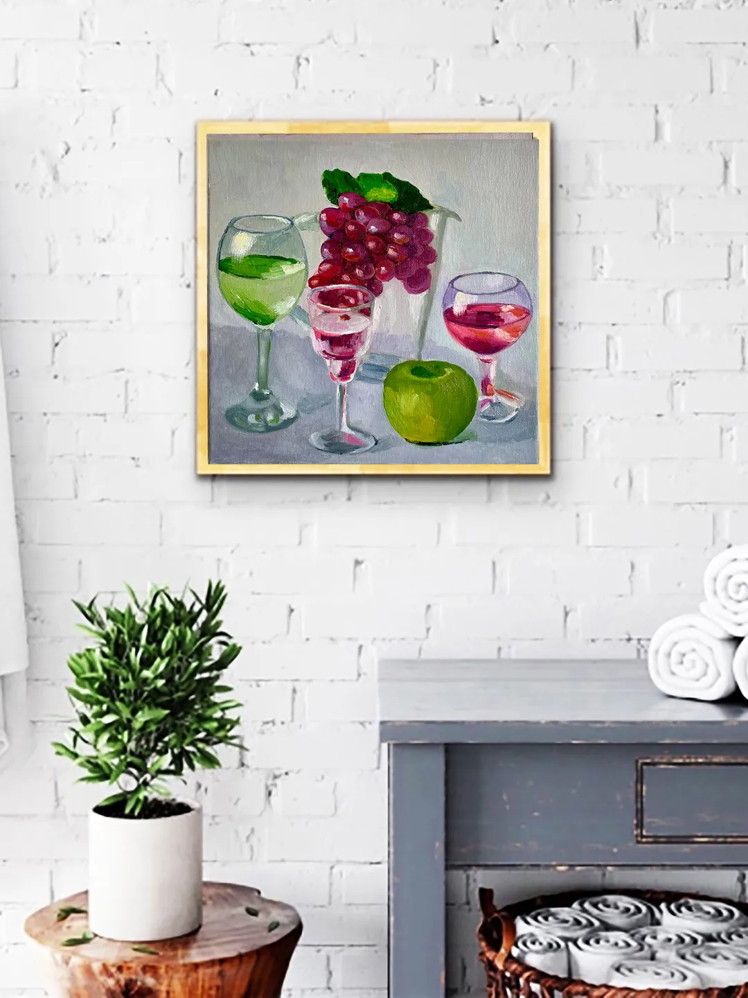 Wine Glass Painting, Original Oil Painting on Canvas, Fruit Still