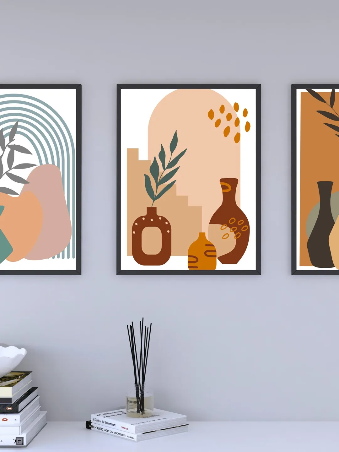 Boho Abstract Wall Art Set of 3 Prints, Neutral Vases & Plants, Earth ...