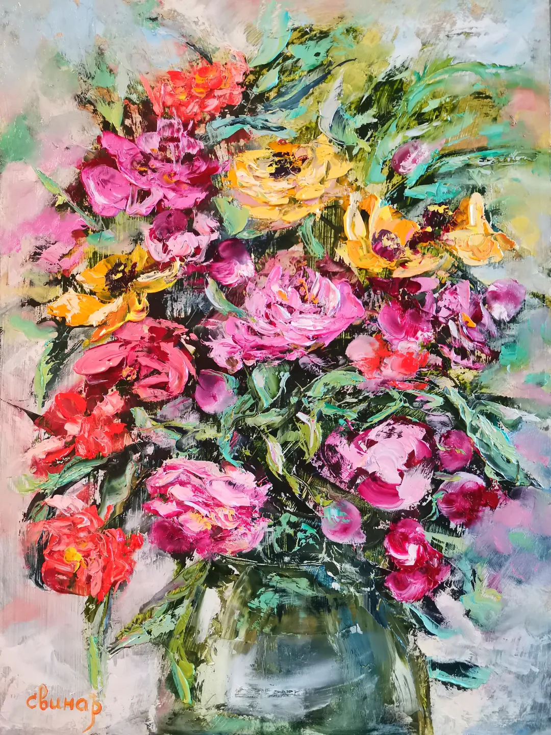 Peonies Roses Flower Bouquet Vase Oil Painting Impasto Original Artist Svinar Oksana