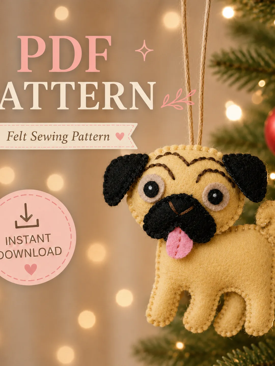 Pug Felt Sewing Pattern PDF, Beginner Felt Dog Toy Tutorial, DIY Felt Pug Softie, Digital Download