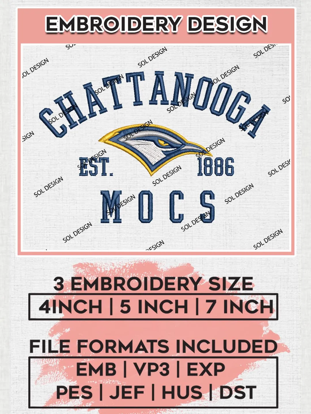 Chattanooga Mocs Est 1886 Embroidery Designs, NCAA Chattanooga Mocs Team Embroidery, NCAA Team Logo, 3 sizes, Machine embroidery Files, Digital Download